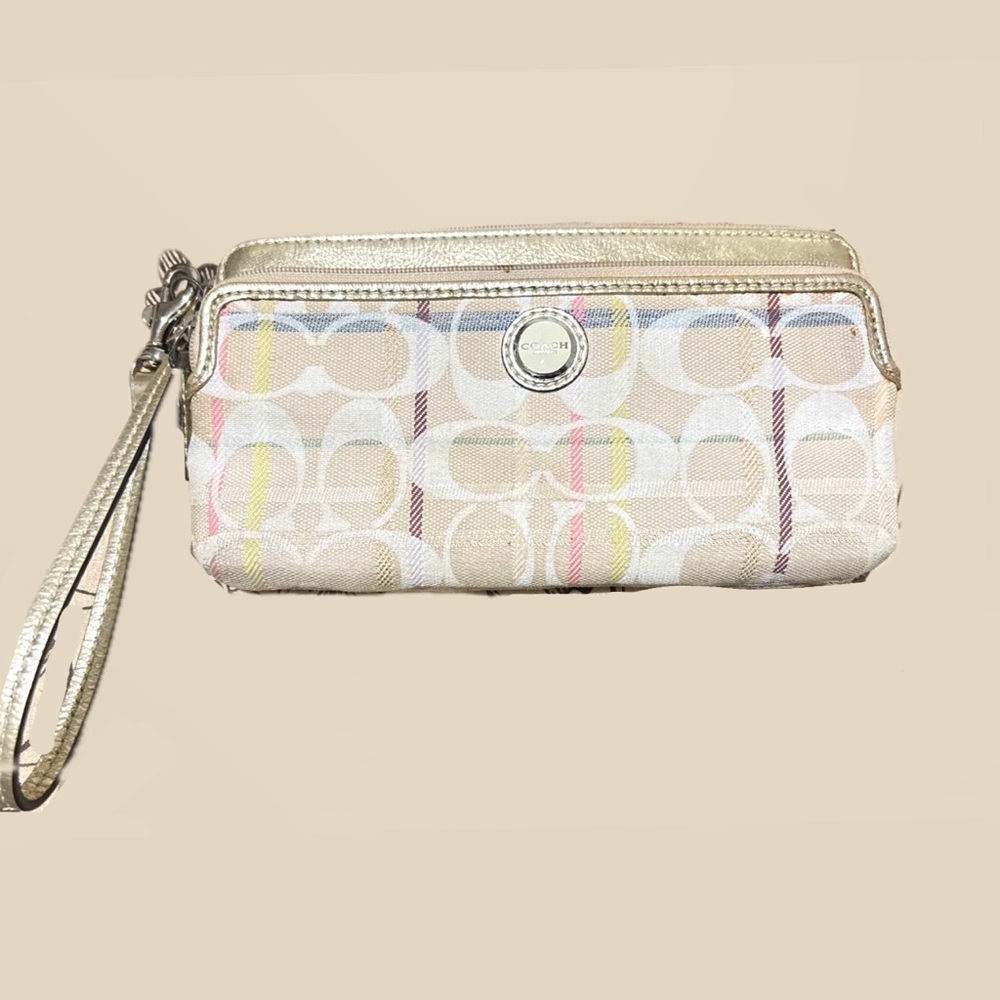 Vintage rare coach poppy tan plaid purse zip up wristlet Y2K